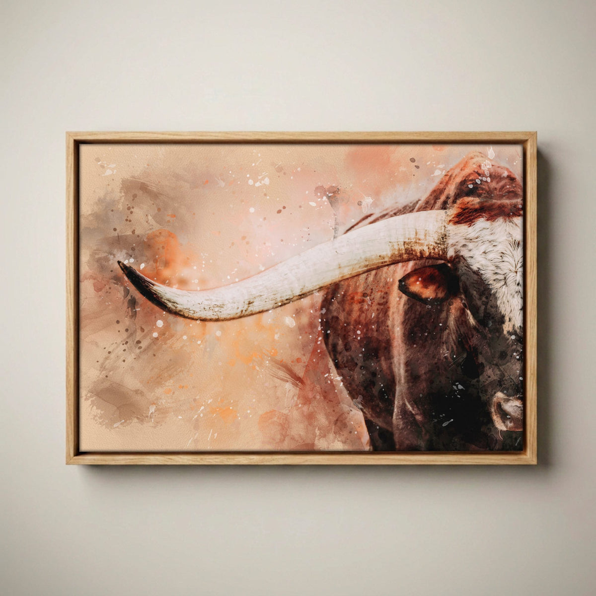 Longhorn Canvas Print | Modern Cowboy Watercolor Effect Canvas-Natural Oak Float Frame / 12 x 18 Inches