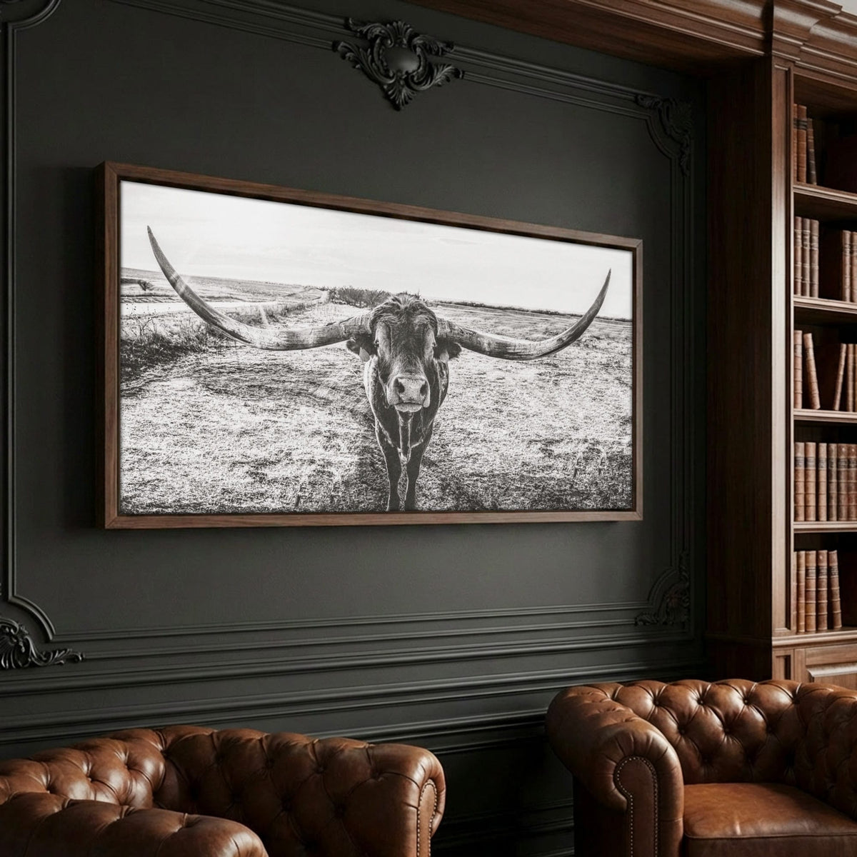 Longhorn Canvas Print – Panoramic Texas Longhorn Canvas-Walnut Frame / 10 x 20 Inches