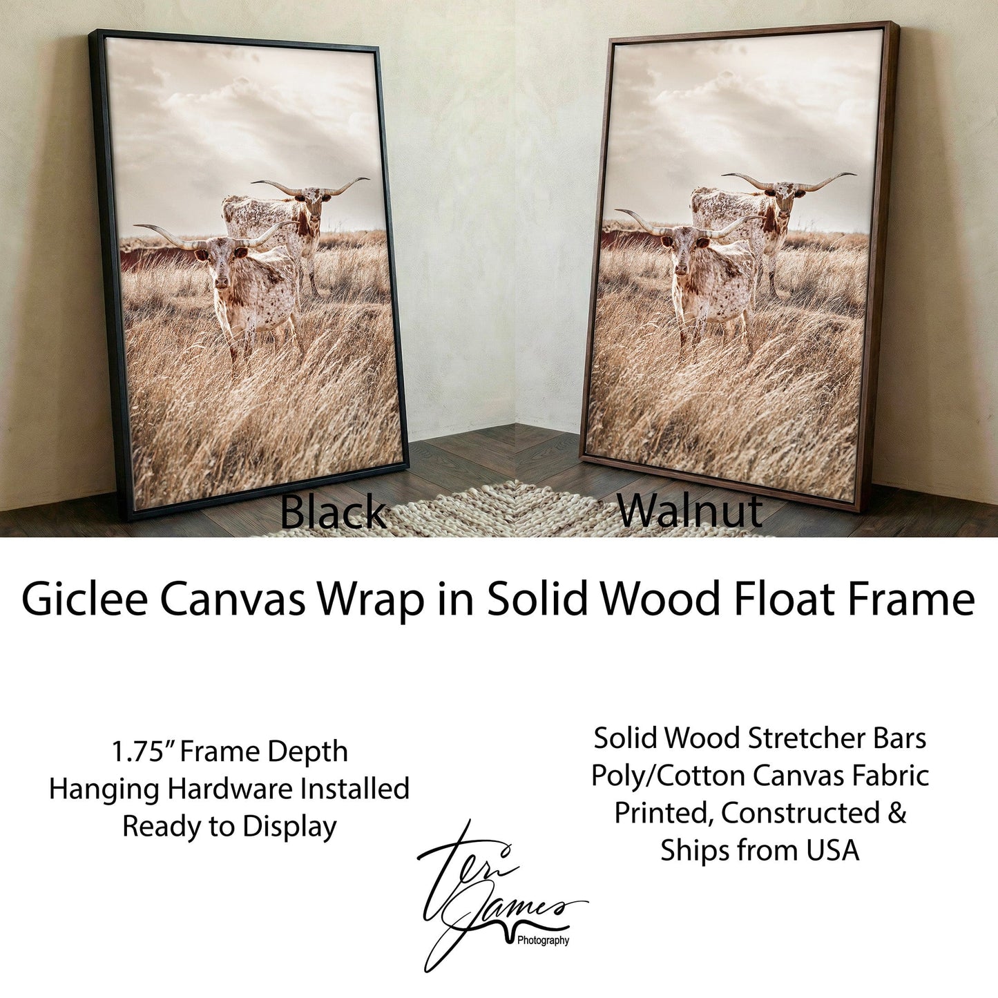 Longhorn Canvas Print – Vertical Rustic Animal Art Farmhouse Wall Decor Canvas-Black Frame / 12 x 18 Inches Wall Art Teri James Photography