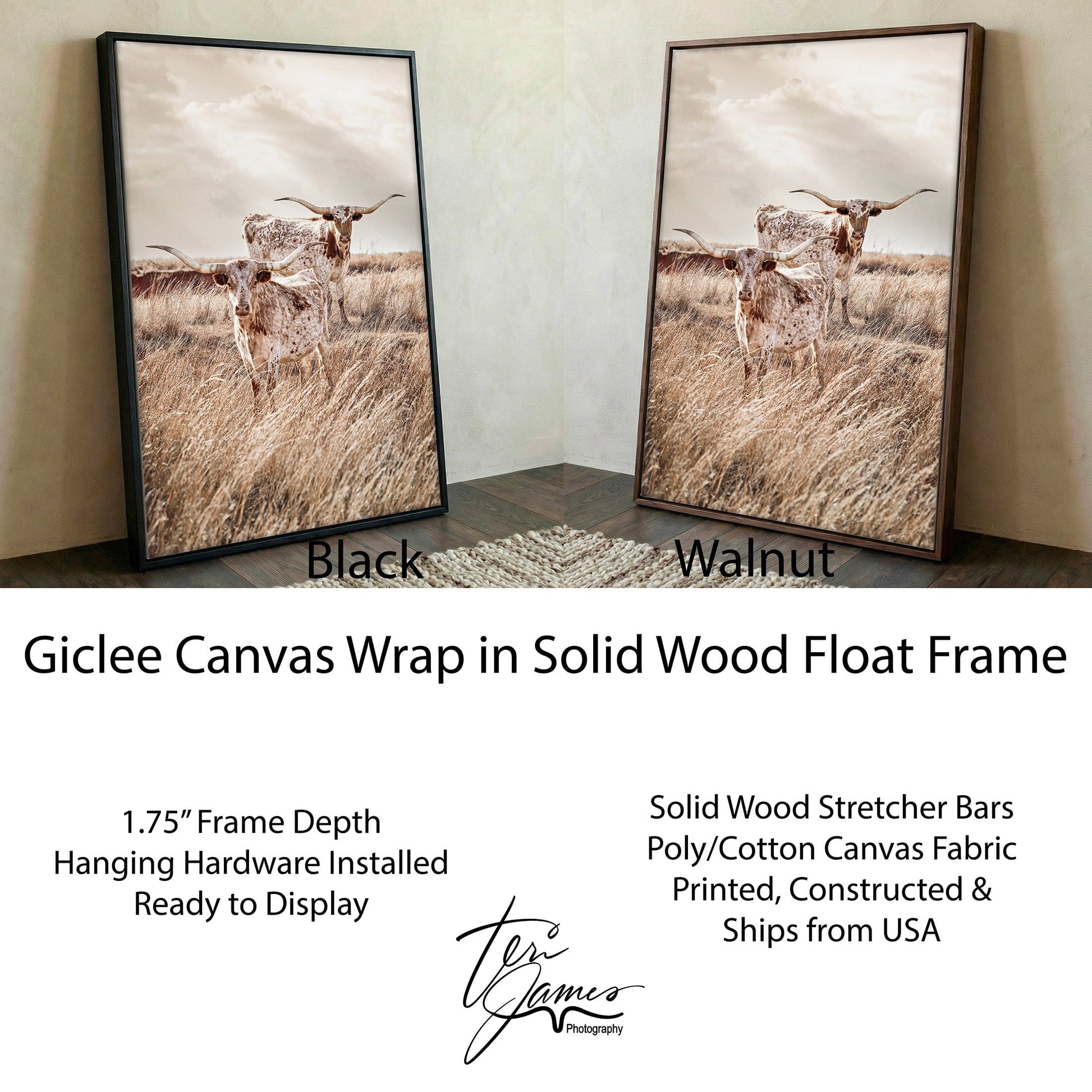 Longhorn Canvas Print – Vertical Rustic Animal Art Farmhouse Wall Decor Canvas-Black Frame / 12 x 18 Inches Wall Art Teri James Photography