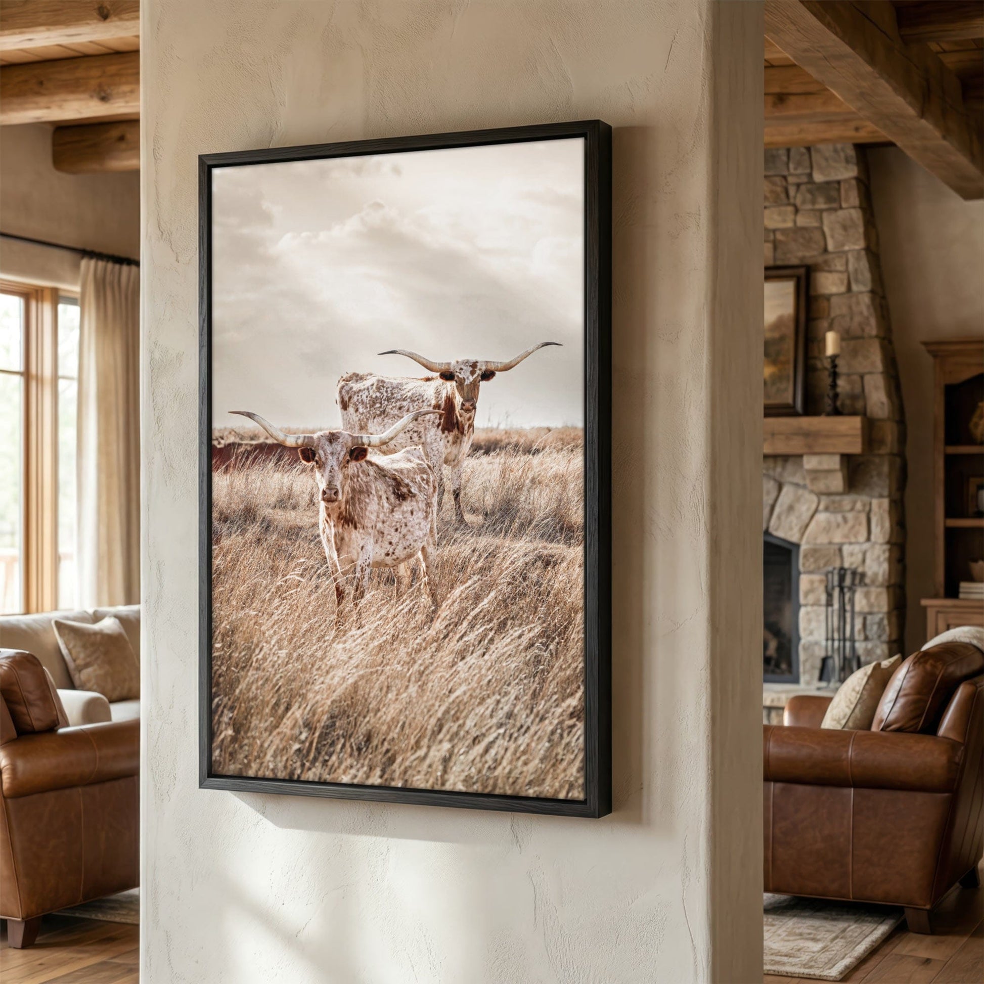 Longhorn Canvas Print – Vertical Rustic Animal Art Farmhouse Decor Canvas-Black Frame / 12 x 18 Inches