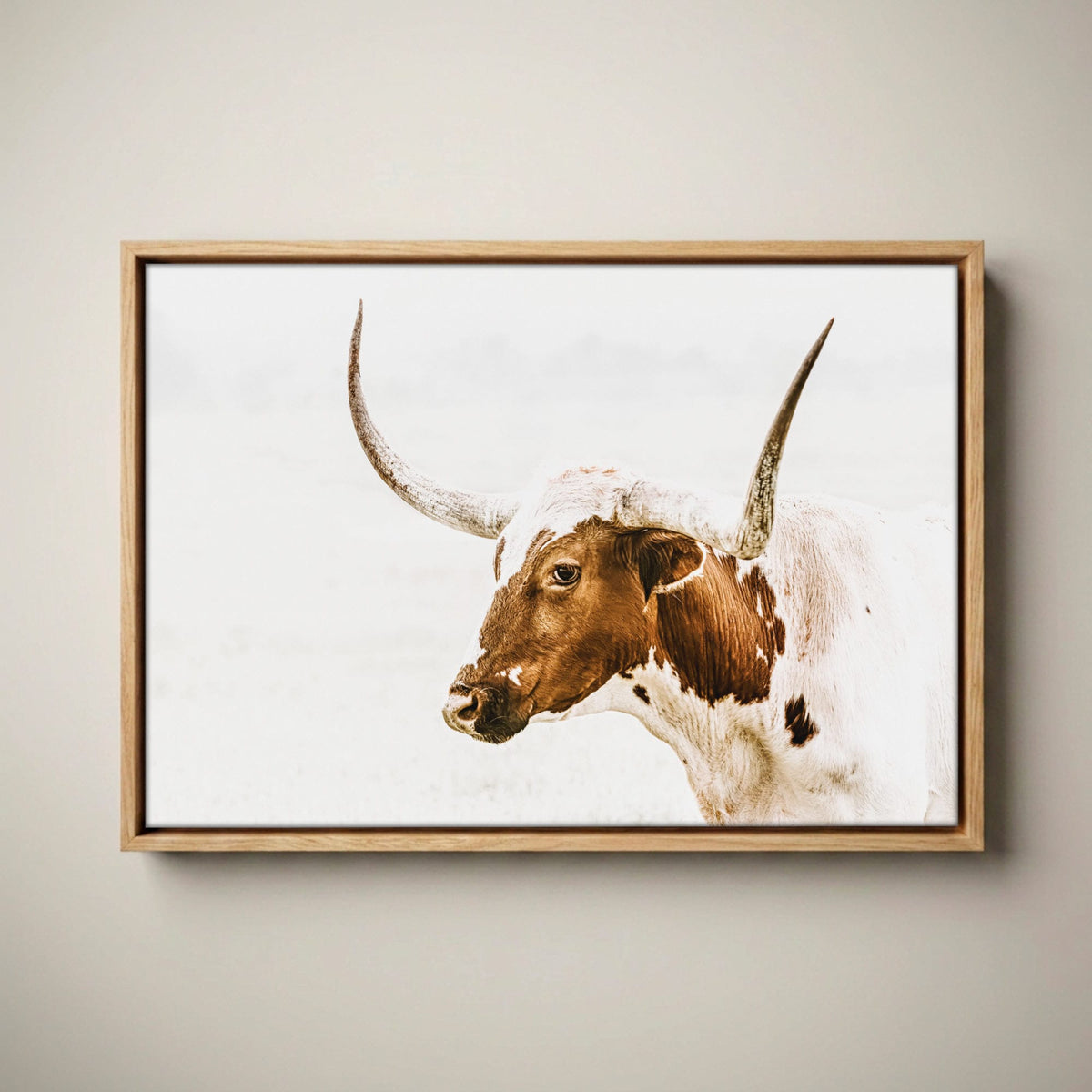 Longhorn Canvas - Texas Longhorn Art Sepia Canvas-Natural Oak Float Frame / 12 x 18 Inches