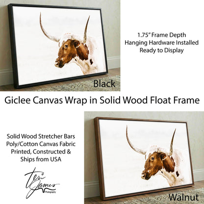 Longhorn Canvas - Texas Longhorn Art Sepia Wall Decor Rustic Farmhouse Print Canvas-Black Frame / 12 x 18 Inches Wall Art Teri James Photography