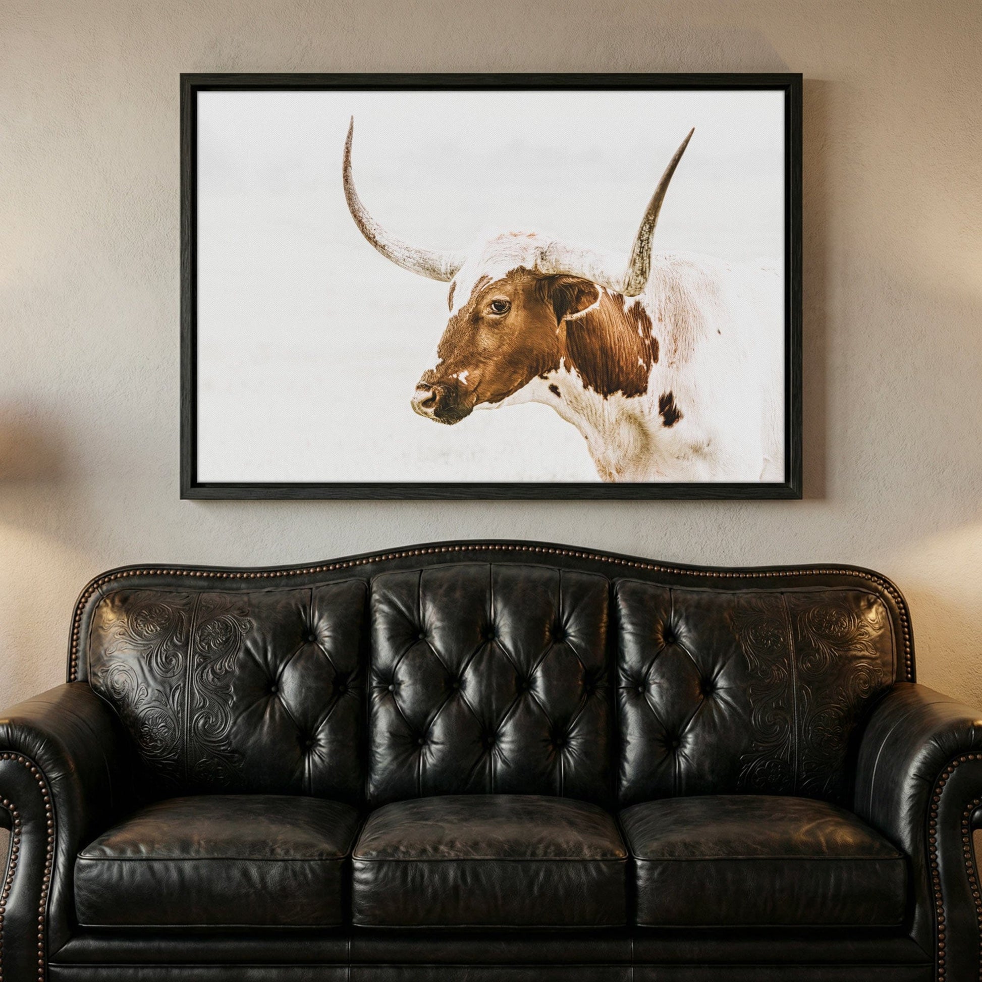 Longhorn Canvas - Texas Longhorn Art Sepia Wall Decor Rustic Farmhouse Print Canvas-Black Frame / 12 x 18 Inches Wall Art Teri James Photography