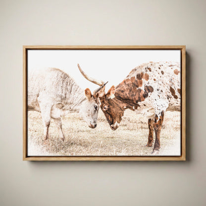 Longhorn Canvas Wall Art in Sepia Farmhouse Colors Canvas-Natural Oak Float Frame / 12 x 18 Inches
