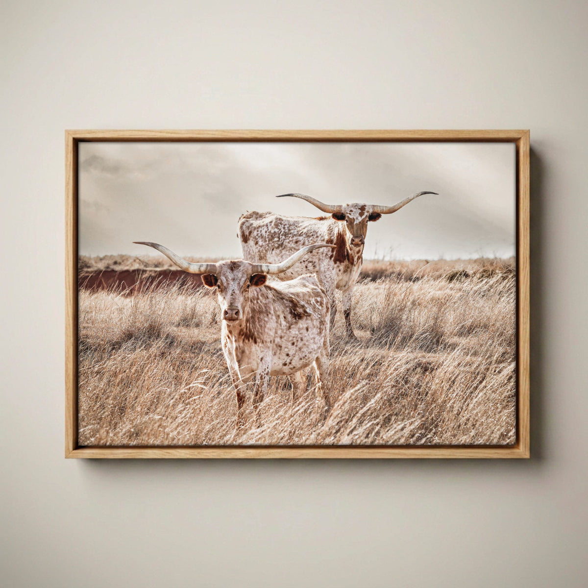Longhorn Canvas Wall Art - Rustic Texas Longhorn Art Canvas-Natural Oak Float Frame / 12 x 18 Inches