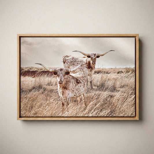 Longhorn Canvas Wall Art - Rustic Texas Longhorn Art Canvas-Natural Oak Float Frame / 12 x 18 Inches