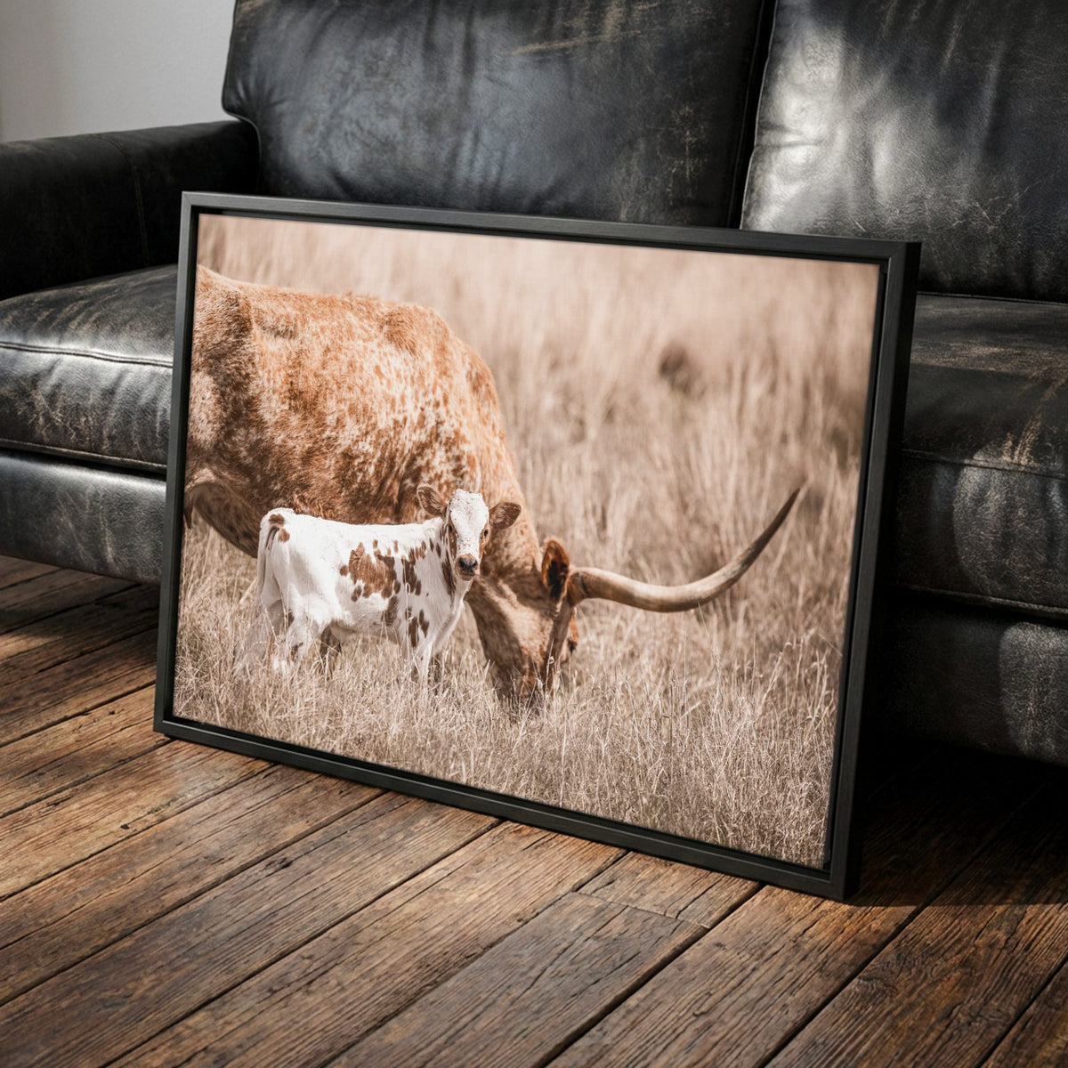 Longhorn Cow Nursery Art - Cow and Calf Print for Baby Canvas-Black Frame / 12 x 18 Inches