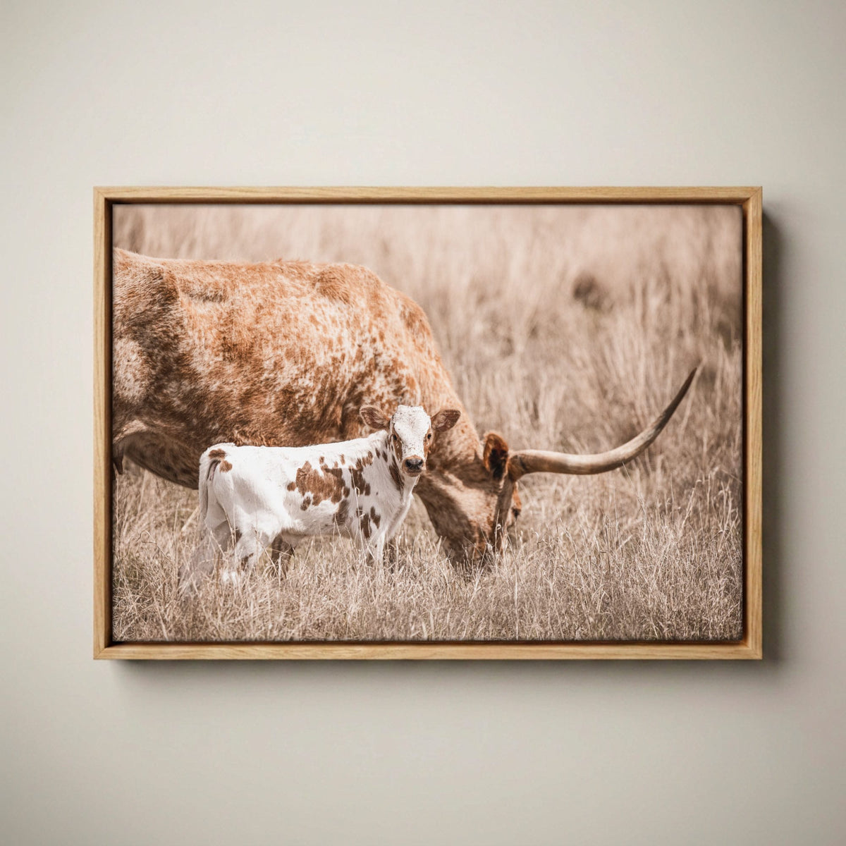 Longhorn Cow Nursery Art - Cow and Calf Print for Baby Canvas-Natural Oak Float Frame / 12 x 18 Inches