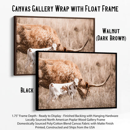 Longhorn Cow Nursery Wall Art - Longhorn Cow and Calf Canvas-Black Frame / 12 x 18 Inches Wall Art Teri James Photography