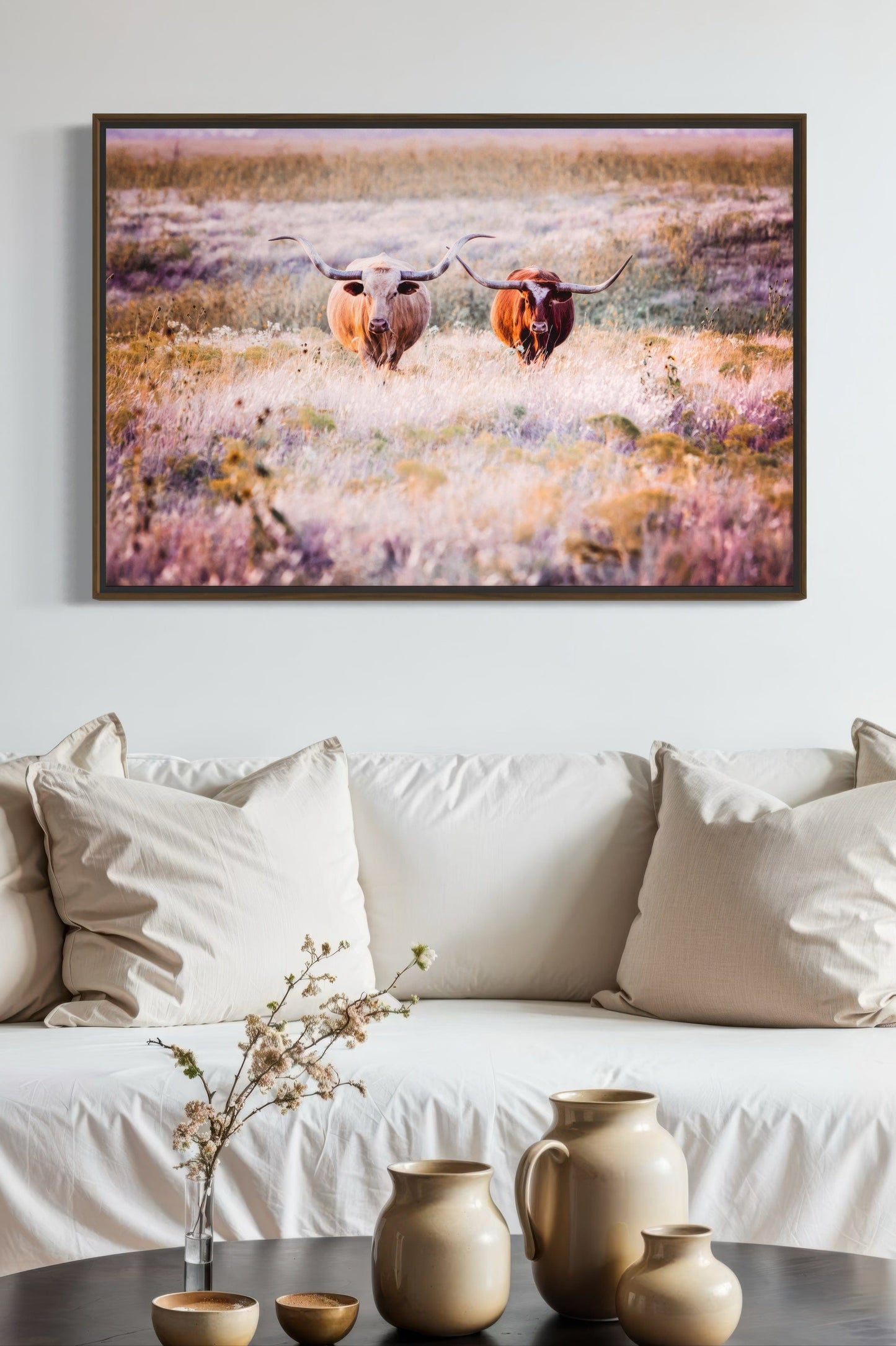 Longhorn Cows in Colorful Pasture Canvas Wall Art Teri James Photography