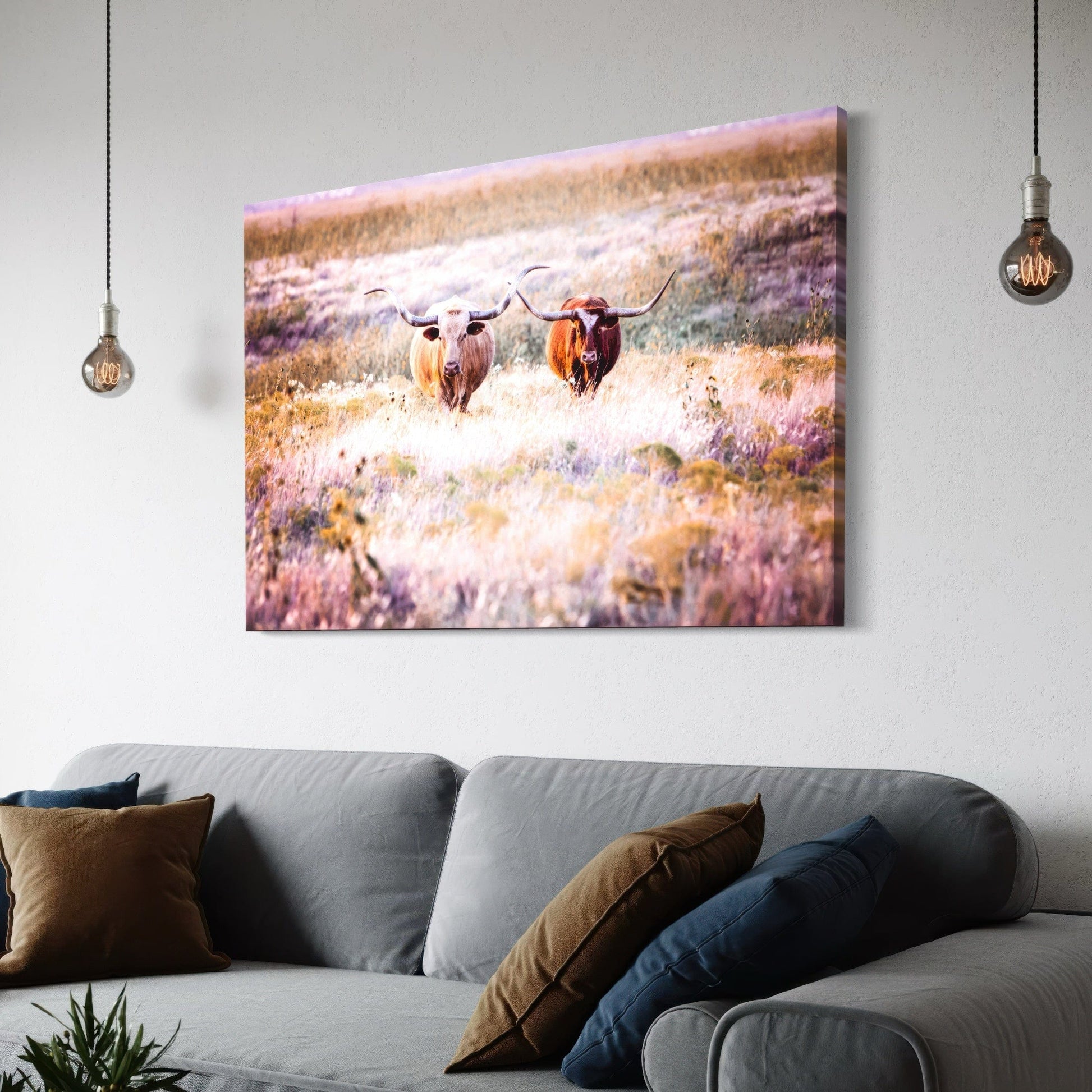 Longhorn Cows in Colorful Pasture Canvas Wall Art Teri James Photography