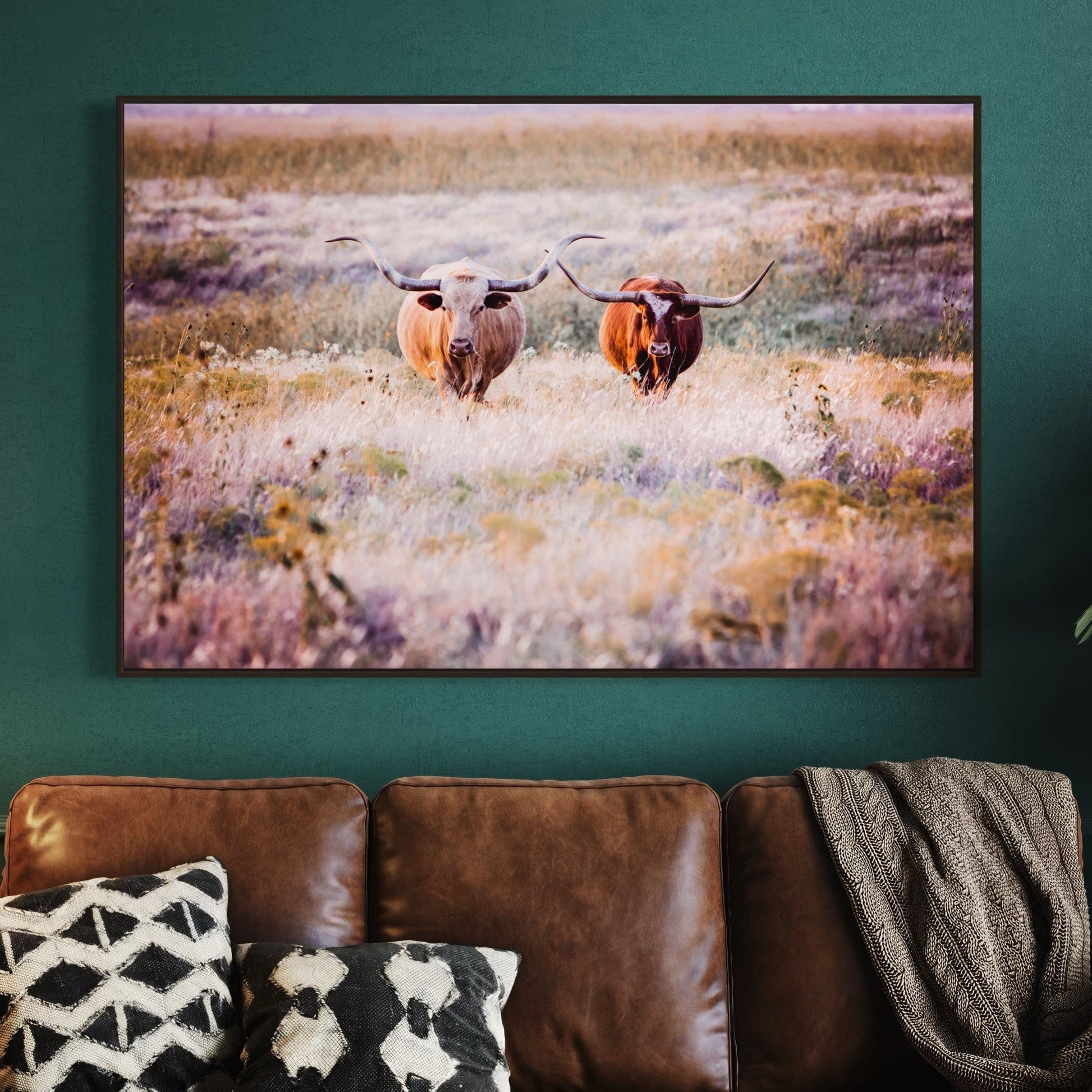 Longhorn Cows in Colorful Pasture Canvas Wall Art Teri James Photography