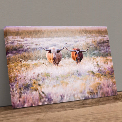Longhorn Cows in Colorful Pasture Canvas Canvas-Unframed / 12 x 18 Inches Wall Art Teri James Photography