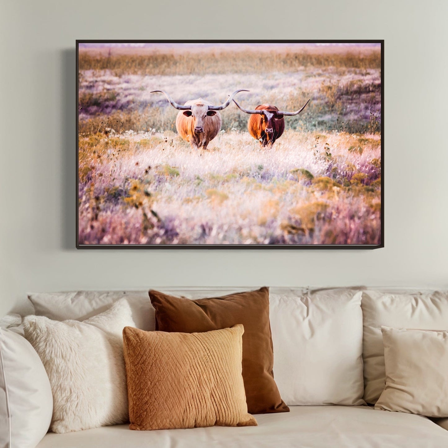 Longhorn Cows in Colorful Pasture Canvas Wall Art Teri James Photography
