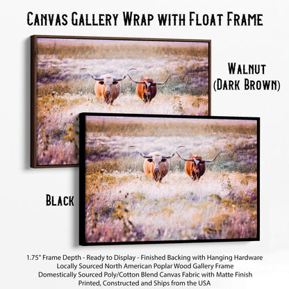 Longhorn Cows in Colorful Pasture Canvas Canvas-Black Frame / 12 x 18 Inches Wall Art Teri James Photography