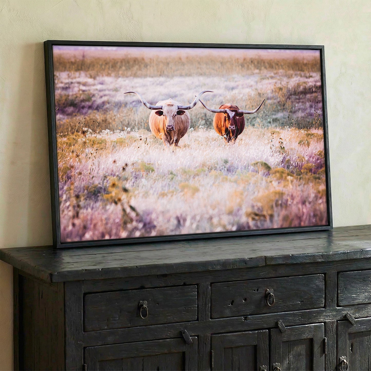 Longhorn Cows in Colorful Pasture Canvas Wall Art Teri James Photography