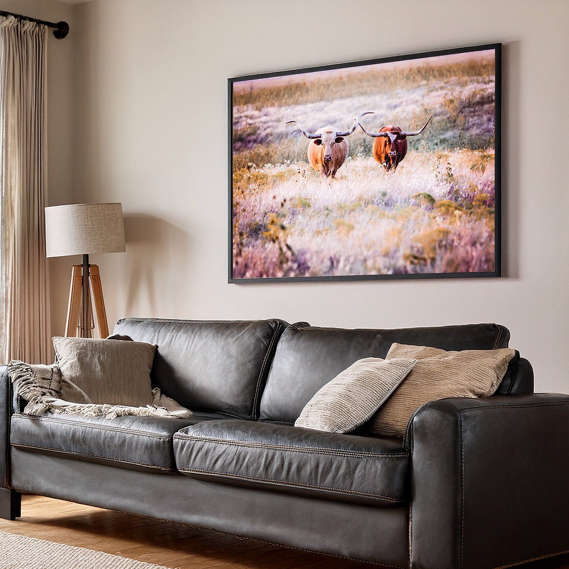 Longhorn Cows in Colorful Pasture Canvas Wall Art Teri James Photography