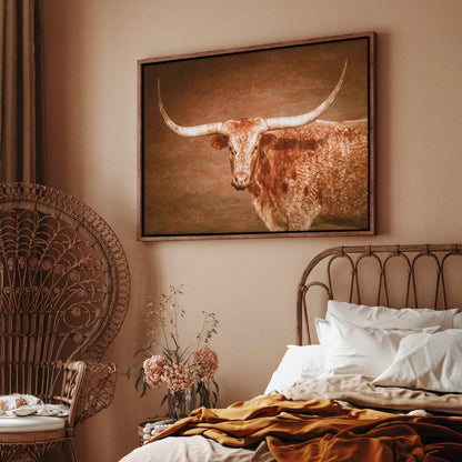 Longhorn Float Canvas - Framed Rustic Wall Art With Turquoise Accent Wall Art Teri James Photography