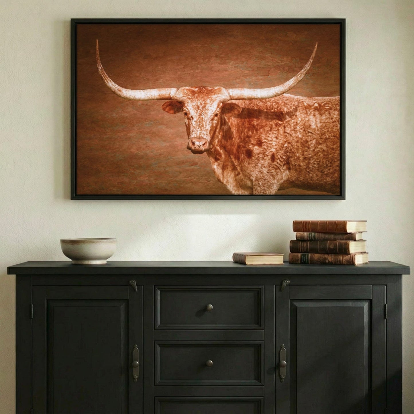 Longhorn Float Canvas - Framed Rustic Wall Art With Turquoise Accent Wall Art Teri James Photography