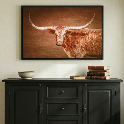 Longhorn Float Canvas - Framed Rustic Wall Art With Turquoise Accent Wall Art Teri James Photography