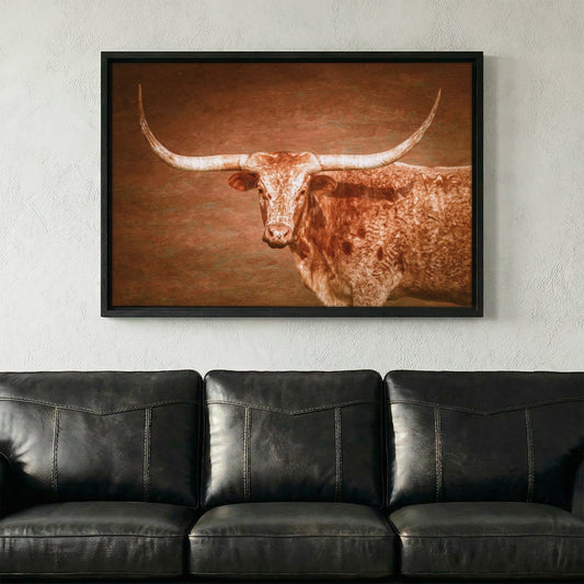 Longhorn Float Canvas - Framed Rustic Wall Art With Turquoise Accent Wall Art Teri James Photography