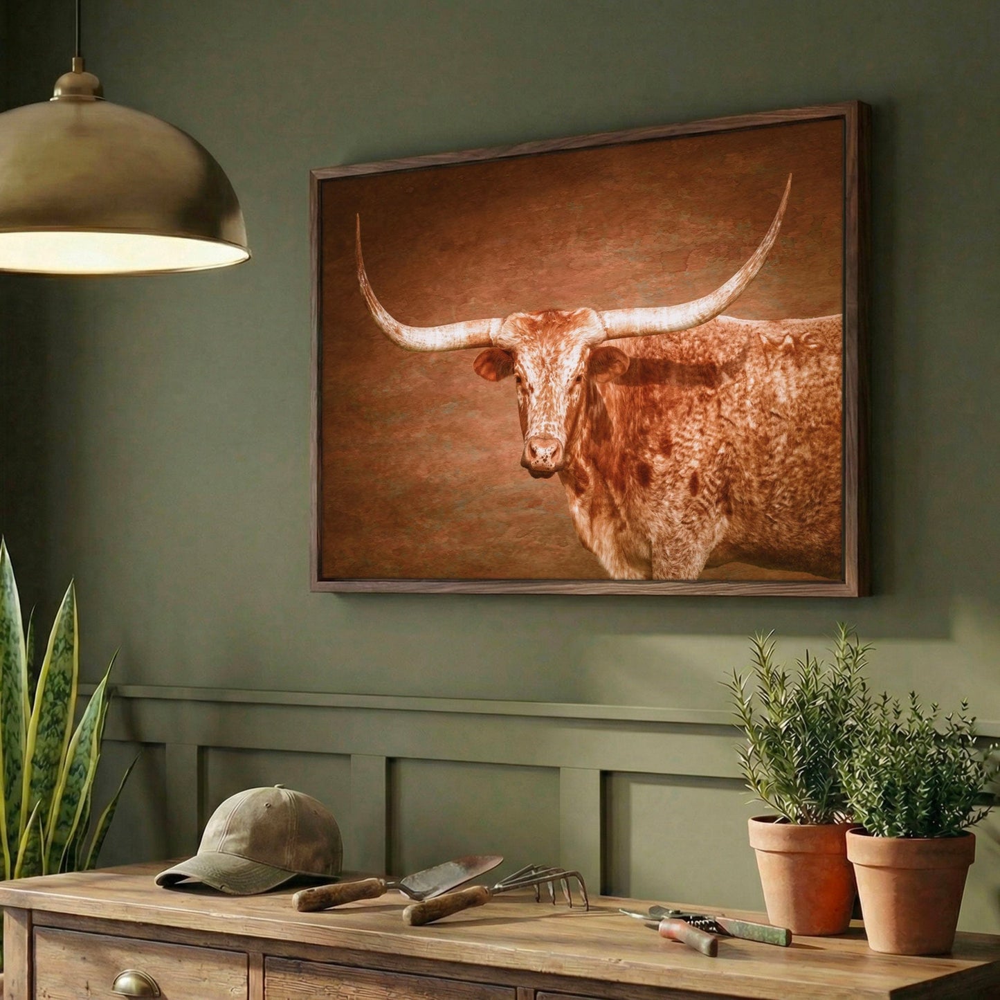 Longhorn Float Canvas - Framed Rustic Wall Art With Turquoise Accent Wall Art Teri James Photography