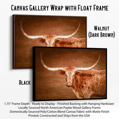 Longhorn Float Framed Canvas Canvas-Black Frame / 12 x 18 Inches Wall Art Teri James Photography