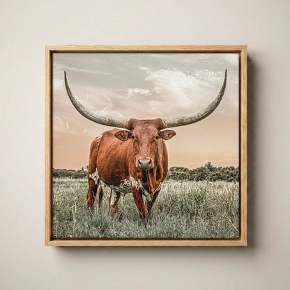 Longhorn Home Decor - Southwestern Wall Art Canvas-Natural Oak Float Frame / 16 x 16 Inches