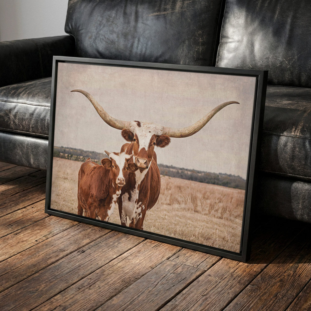 Longhorn Nursery Decor – Cow and Calf Rustic Wall Art for Nursery Canvas-Black Frame / 12 x 18 Inches