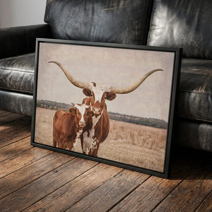 Longhorn Nursery Decor – Cow and Calf Rustic Wall Art for Nursery Canvas-Black Frame / 12 x 18 Inches