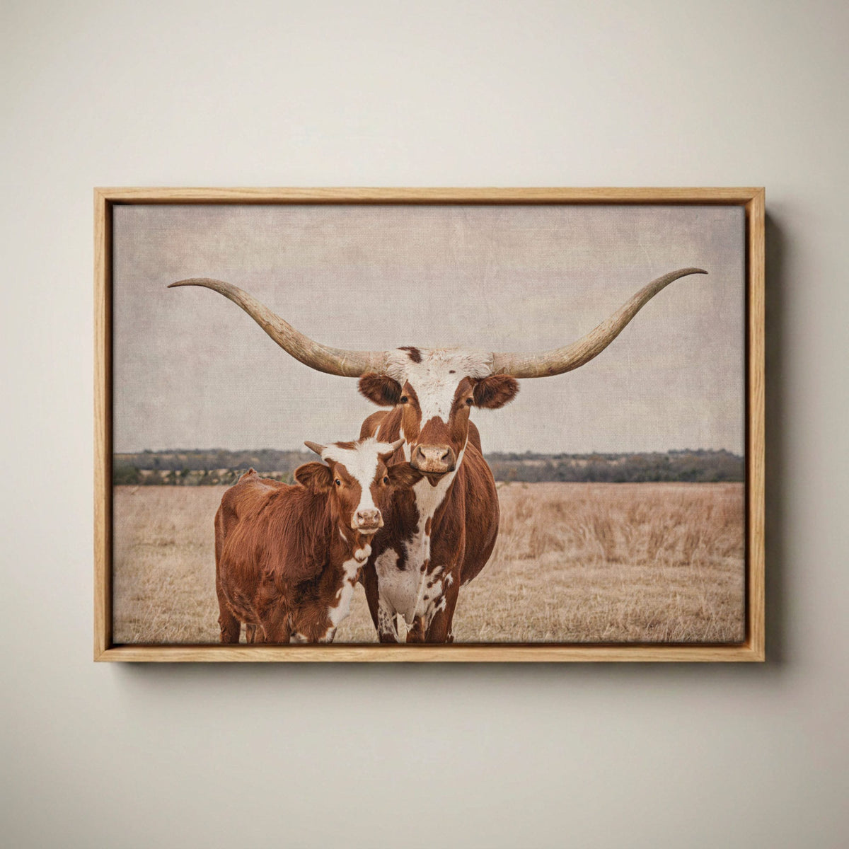 Longhorn Nursery Decor – Cow and Calf Rustic Wall Art for Nursery Canvas-Natural Oak Float Frame / 12 x 18 Inches