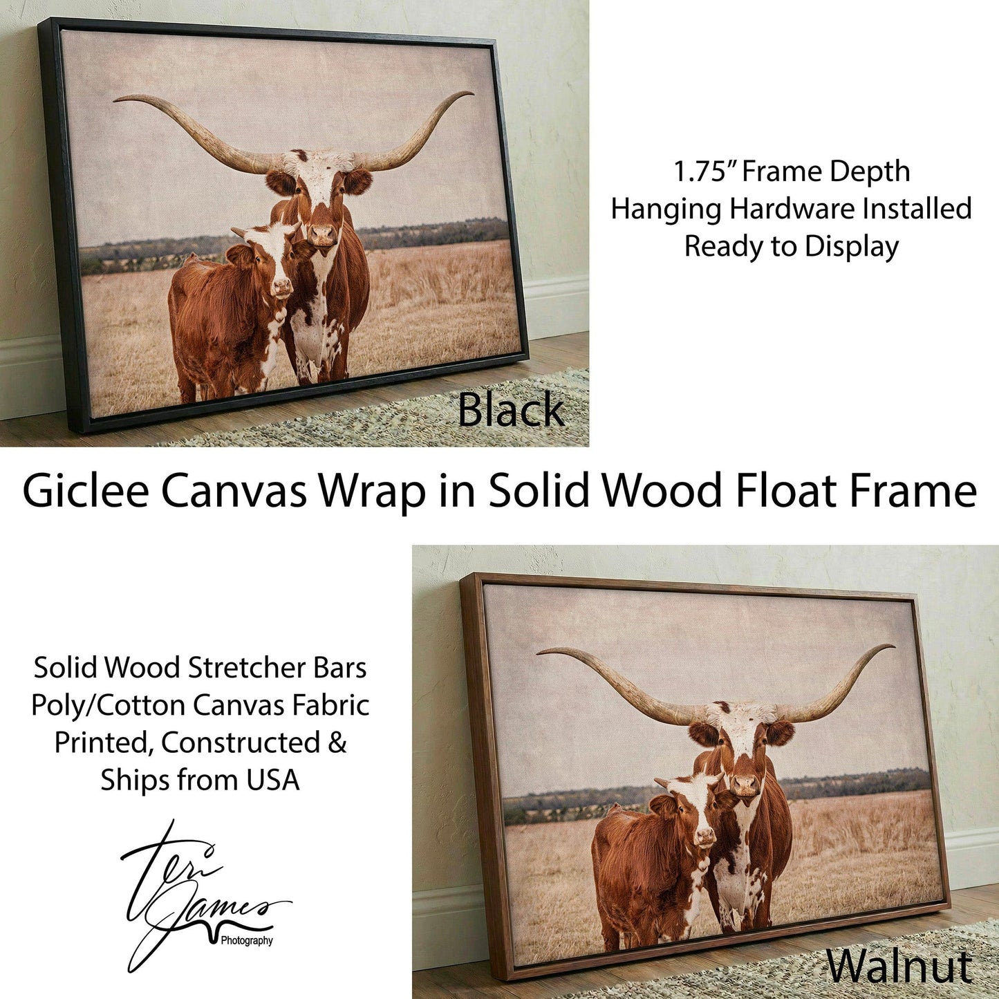 Longhorn Nursery Decor – Cow and Calf Rustic Wall Art for Nursery Canvas-Black Frame / 12 x 18 Inches Wall Art Teri James Photography