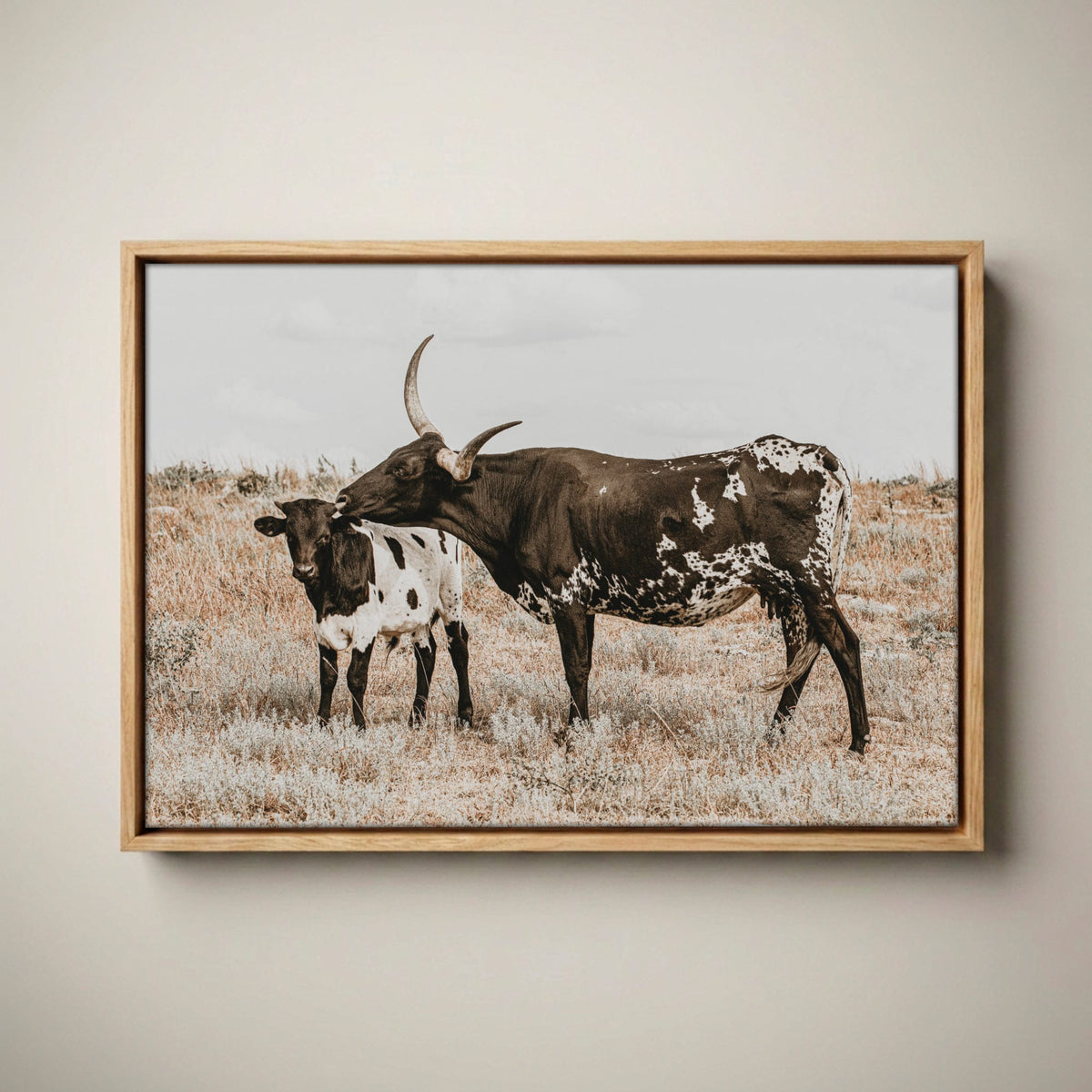 Longhorn Nursery Wall Art - Western Nursery Decor Canvas-Natural Oak Float Frame / 12 x 18 Inches