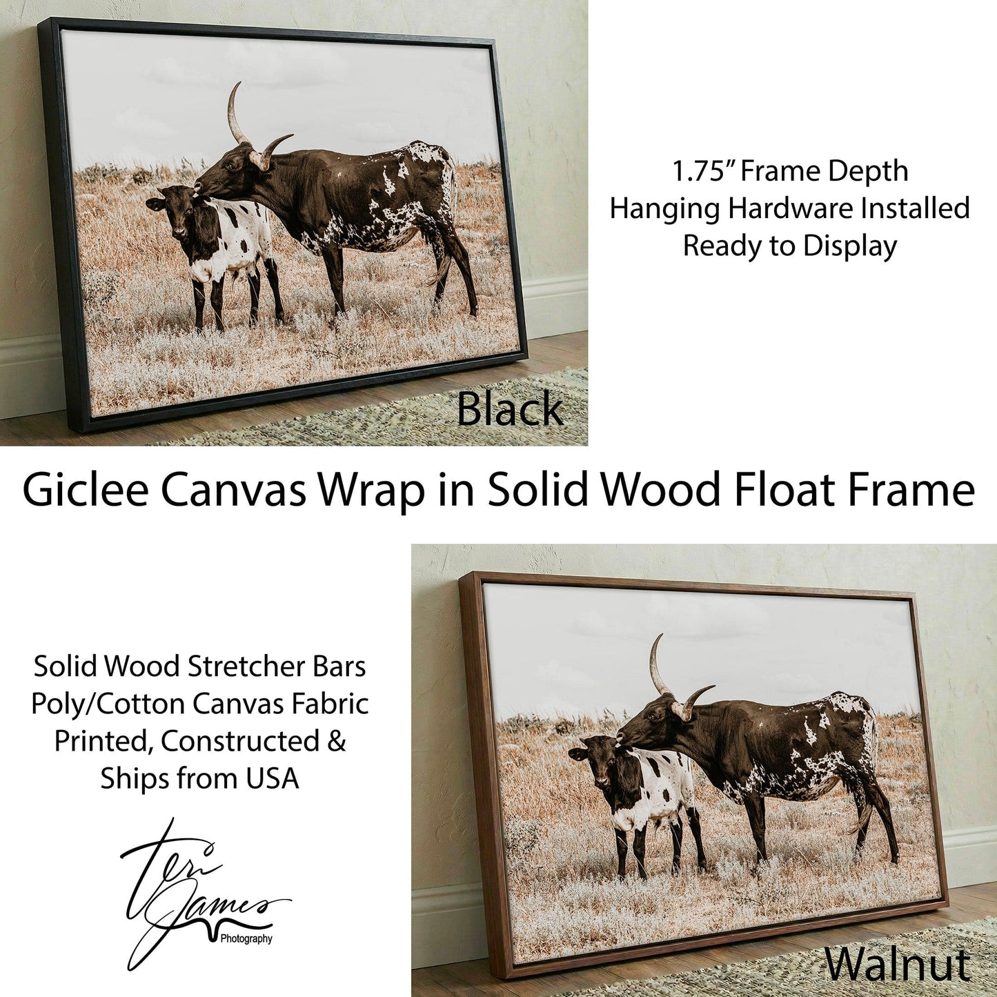 Longhorn Nursery Wall Art - Western Nursery Decor with Cow and Calf Artwork Canvas-Black Frame / 12 x 18 Inches Wall Art Teri James Photography