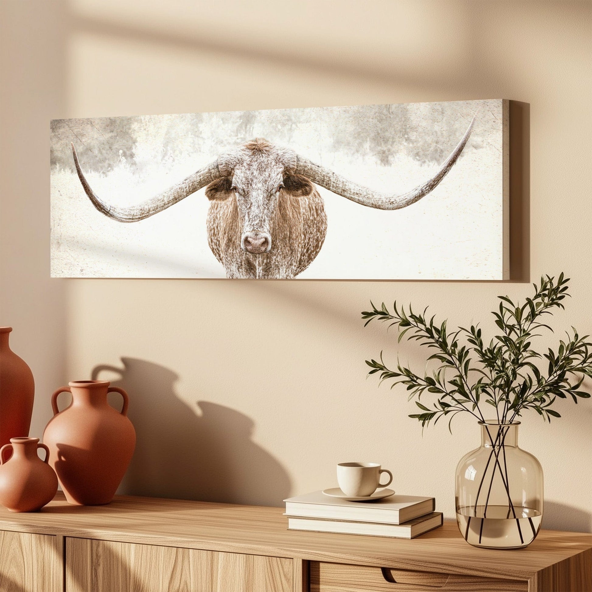 Longhorn Panorama Canvas Wall Art in Sepia Tones Wall Art Teri James Photography