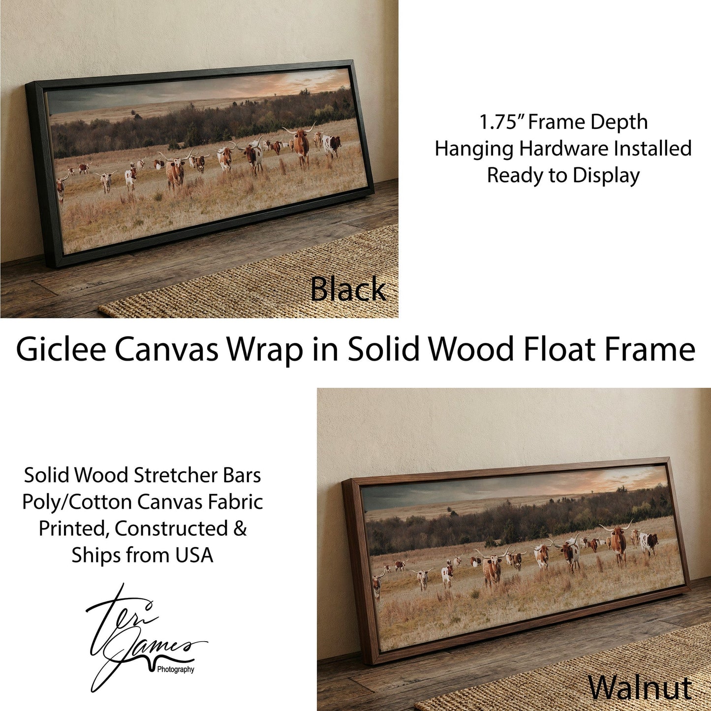 Longhorn Panorama Wall Art – Texas Ranch Wall Art Canvas-Black Frame / 12 x 36 Inches Wall Art Teri James Photography