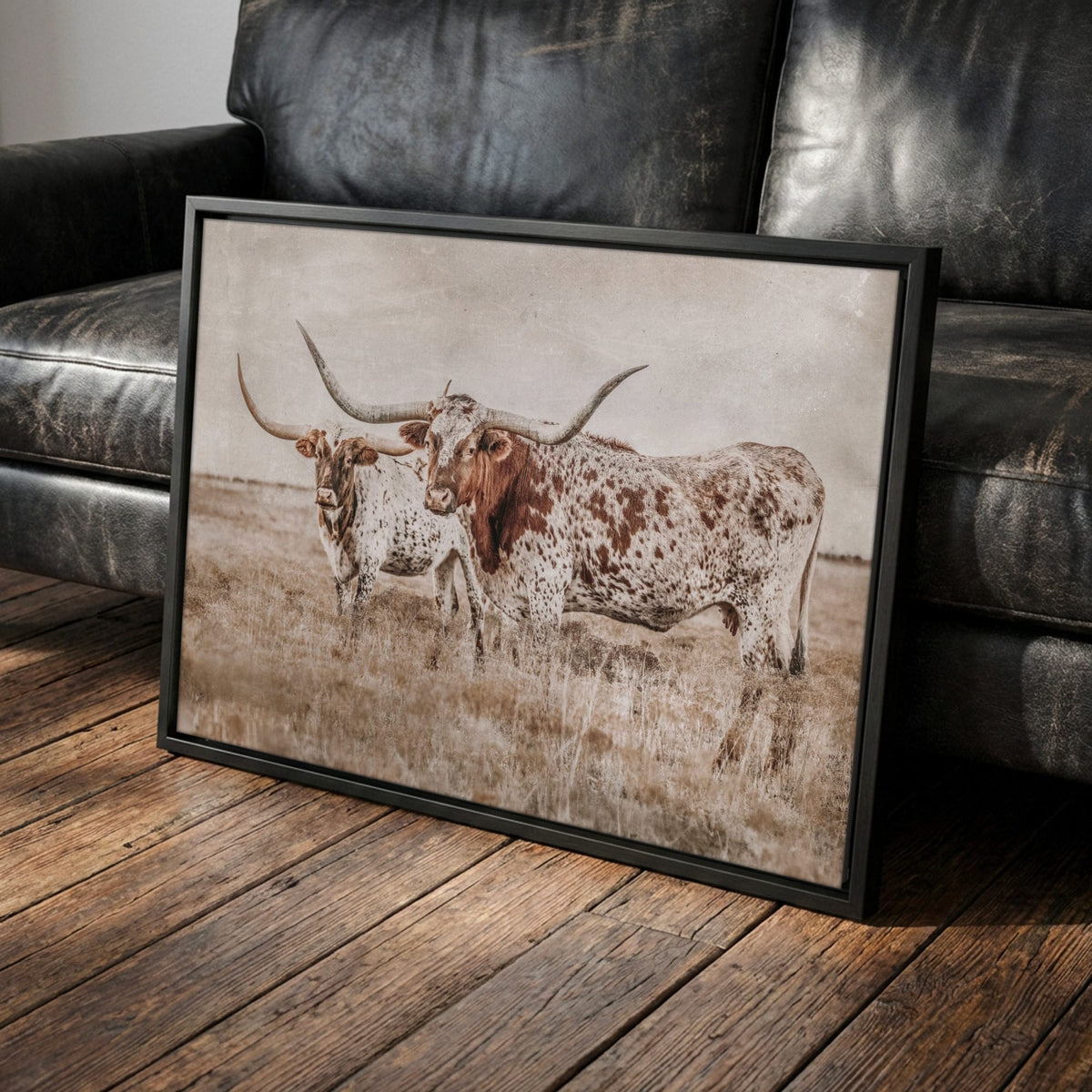Longhorn Wall Art - Rustic Farmhouse Living Room Decor Canvas-Black Frame / 12 x 18 Inches