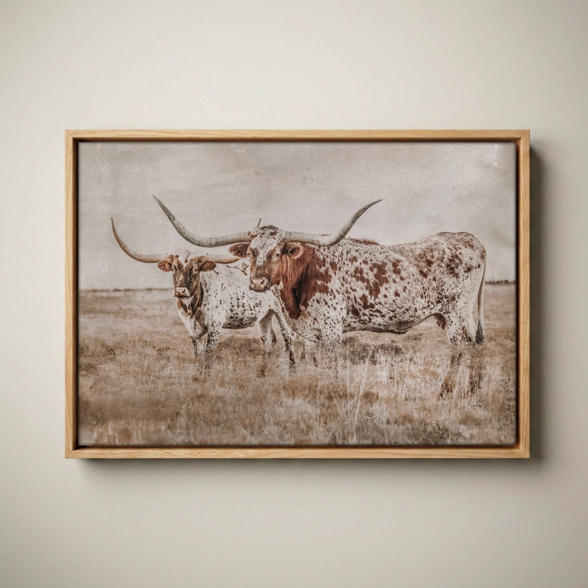 Longhorn Wall Art - Rustic Farmhouse Living Room Decor Canvas-Natural Oak Float Frame / 12 x 18 Inches