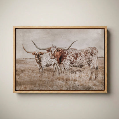 Longhorn Wall Art - Rustic Farmhouse Living Room Decor Canvas-Natural Oak Float Frame / 12 x 18 Inches