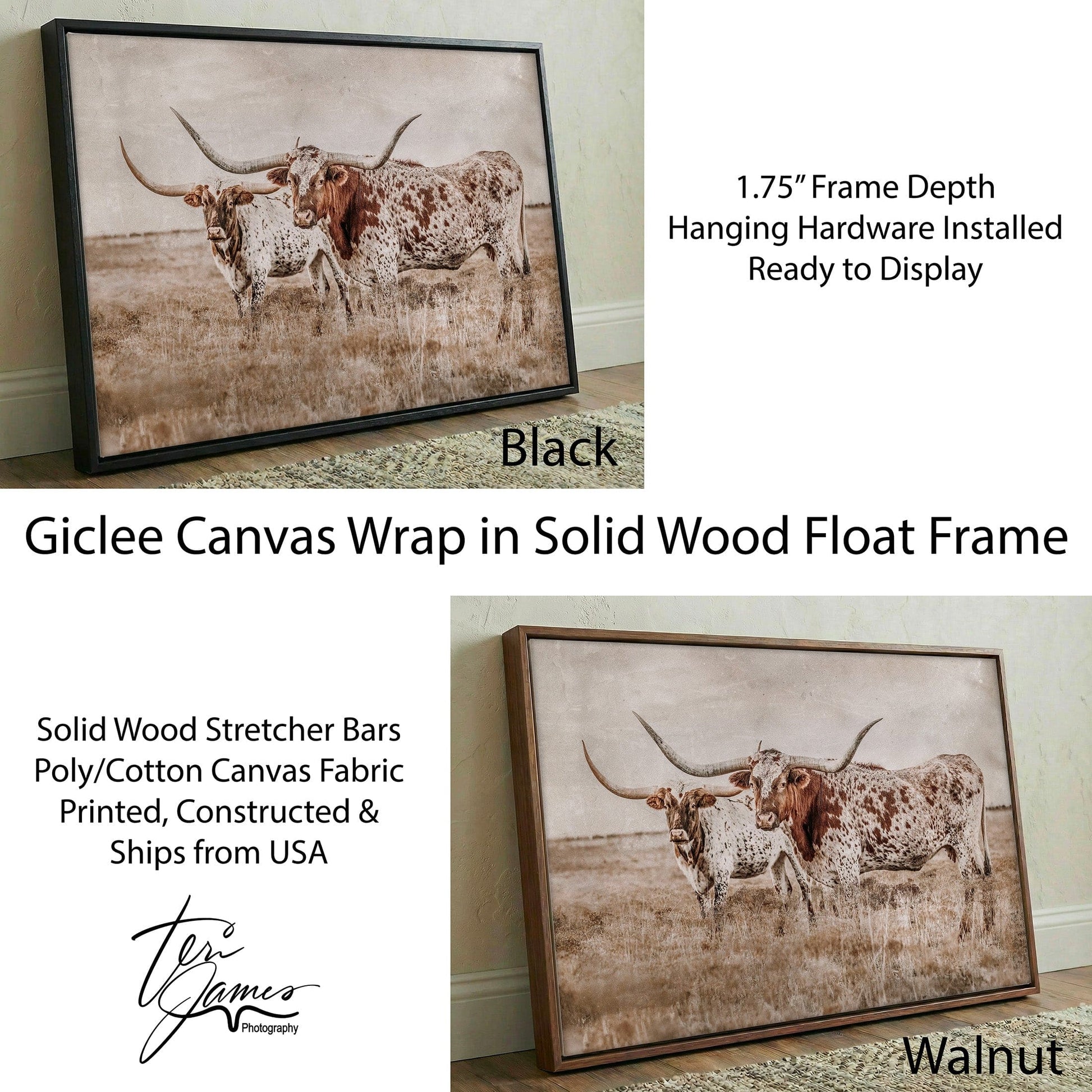 Longhorn Wall Art - Rustic Farmhouse Living Room Decor Canvas-Black Frame / 12 x 18 Inches Wall Art Teri James Photography
