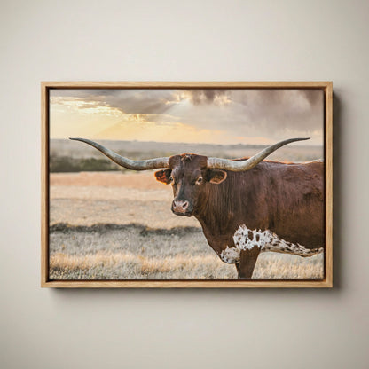 Longhorn Wall Art - Rustic Western Canvas Print Canvas-Natural Oak Float Frame / 12 x 18 Inches