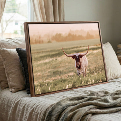 Longhorn Wall Art – Western Home Decor Rustic Sunset Canvas-Walnut Frame / 12 x 18 Inches
