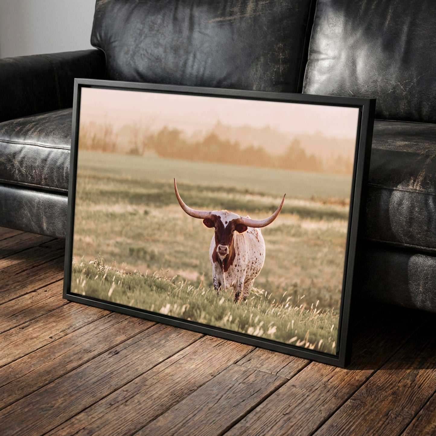 Longhorn Wall Art – Western Home Decor Rustic Sunset Canvas-Black Frame / 12 x 18 Inches