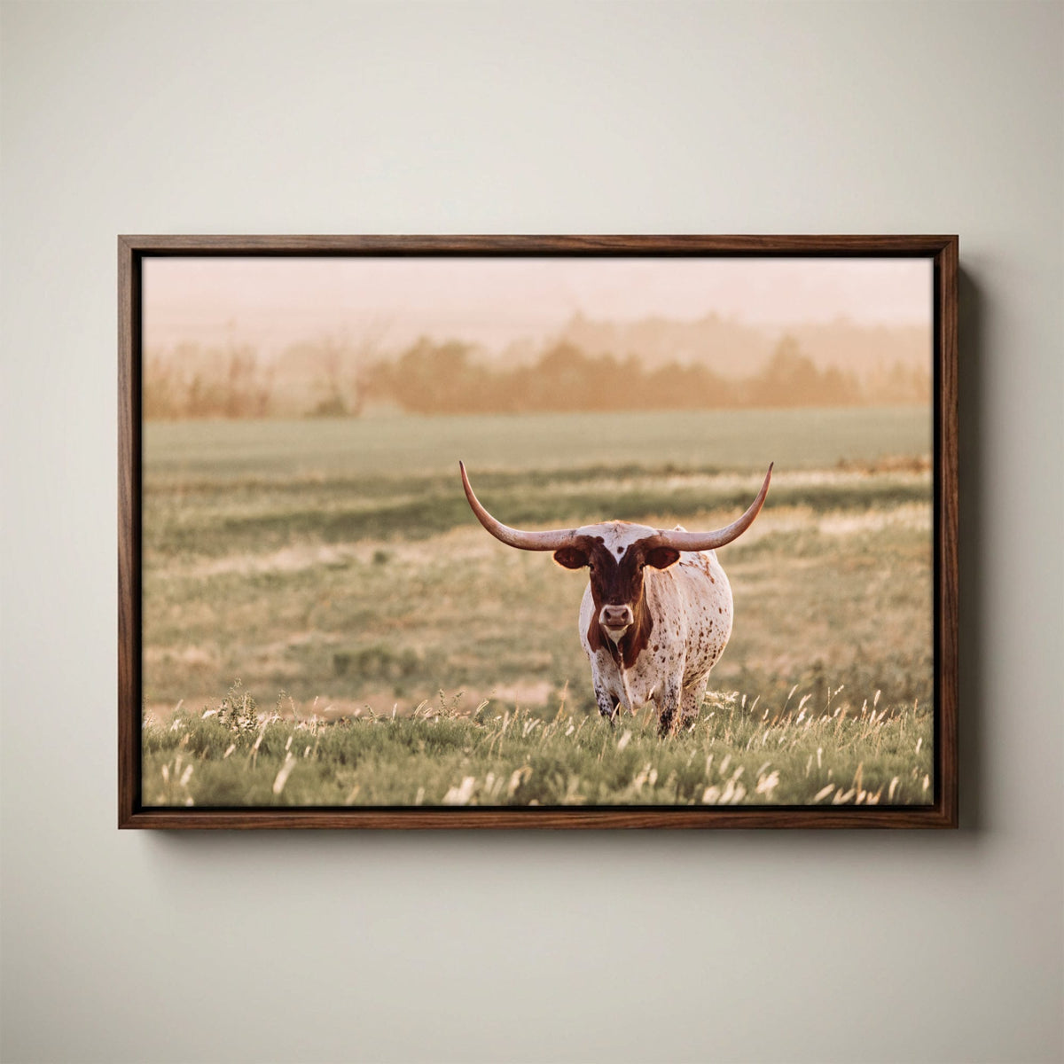 Longhorn Wall Art – Western Home Decor Rustic Sunset Canvas-Walnut Float Frame / 12 x 18 Inches