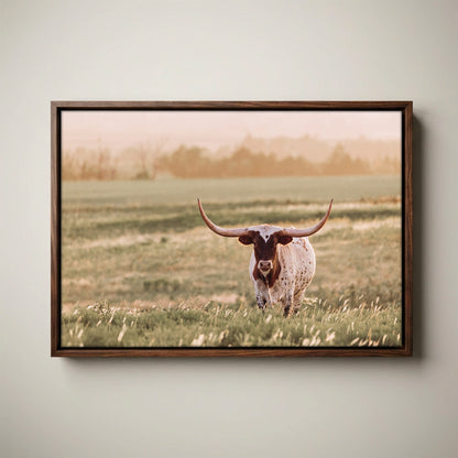 Longhorn Wall Art – Western Home Decor Rustic Sunset Canvas-Walnut Float Frame / 12 x 18 Inches