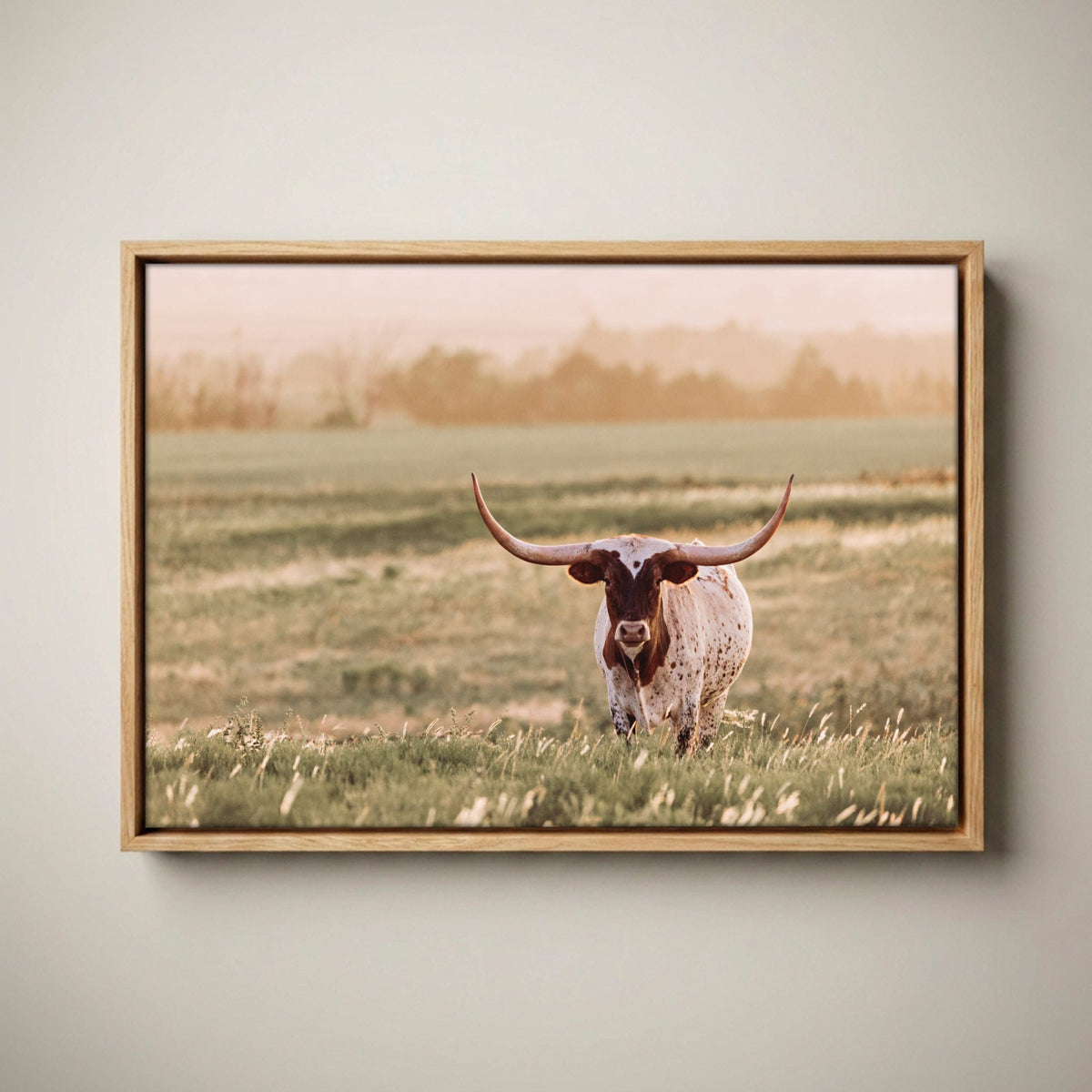 Longhorn Wall Art – Western Home Decor Rustic Sunset Canvas-Natural Oak Float Frame / 12 x 18 Inches