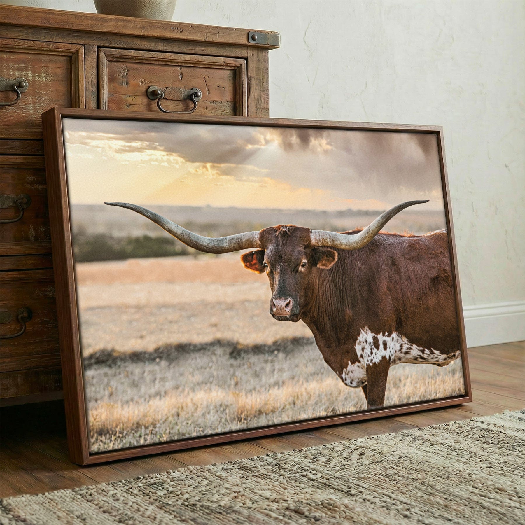 Longhorn Wall Art - Western Rustic Canvas Print with Texas Prairie Cow Wall Art Teri James Photography