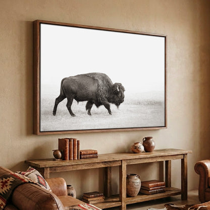 Minimalist Bison Art - Modern Animal Canvas Canvas-Walnut Frame / 12 x 18 Inches