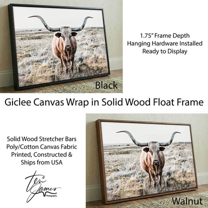 Modern Farmhouse Longhorn Art - Rustic Texas Cattle Painting with Contemporary Western Style Canvas-Black Frame / 12 x 18 Inches Wall Art Teri James Photography